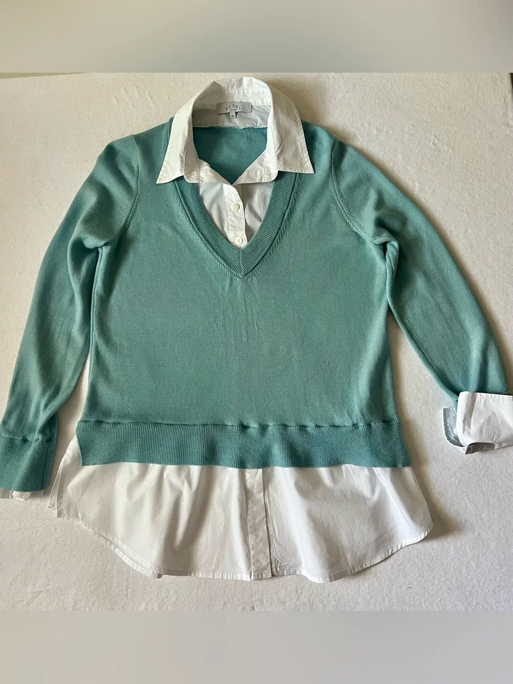 Pearl By Lela Rose 2-in-1 Layered Merino Wool Sweater Size M, Lt.. Turq., EUC - Picture 1 of 16